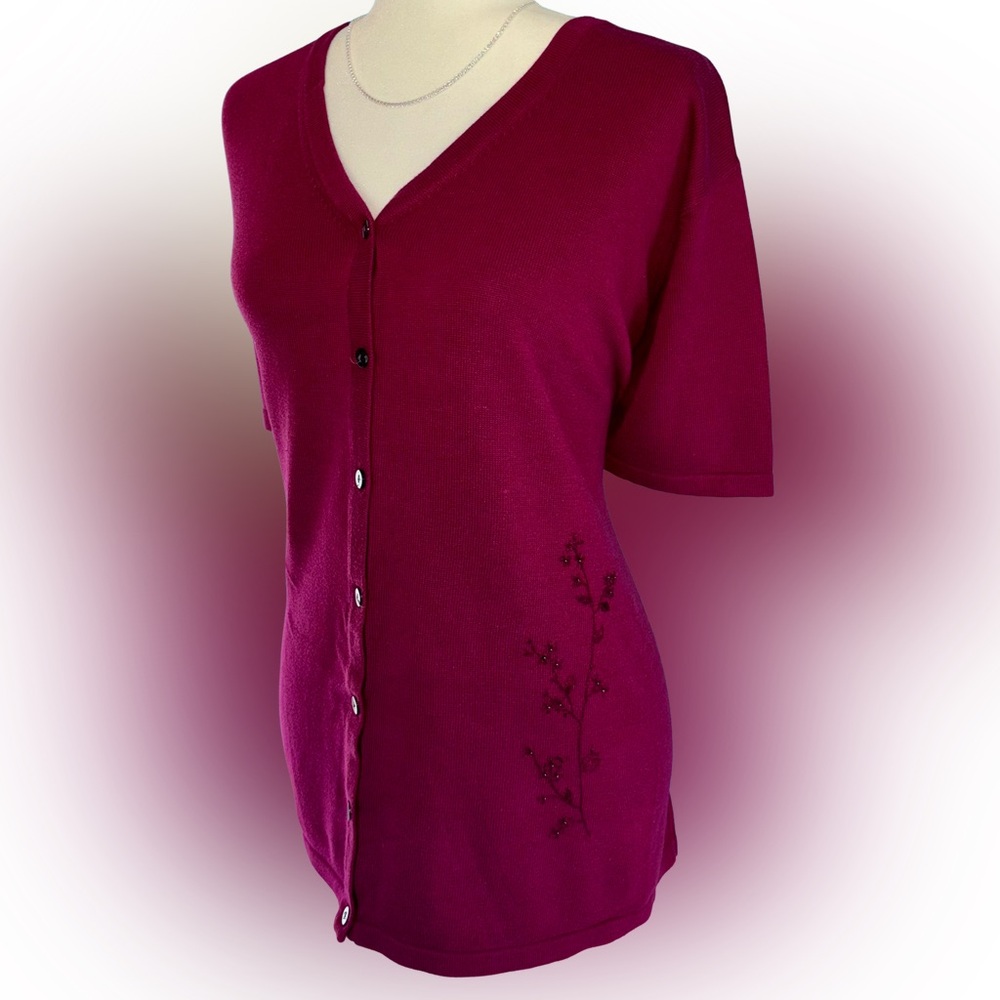 Venezia Plus Size Magenta Floral Embroidered Short Sleeve Cardigan Size 26/28